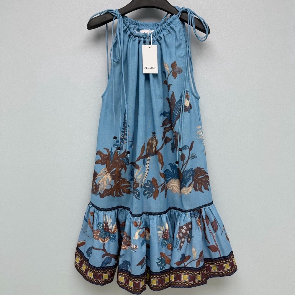 Alemais Light Blue Floral & Bird Tie-Strap Girls Dress